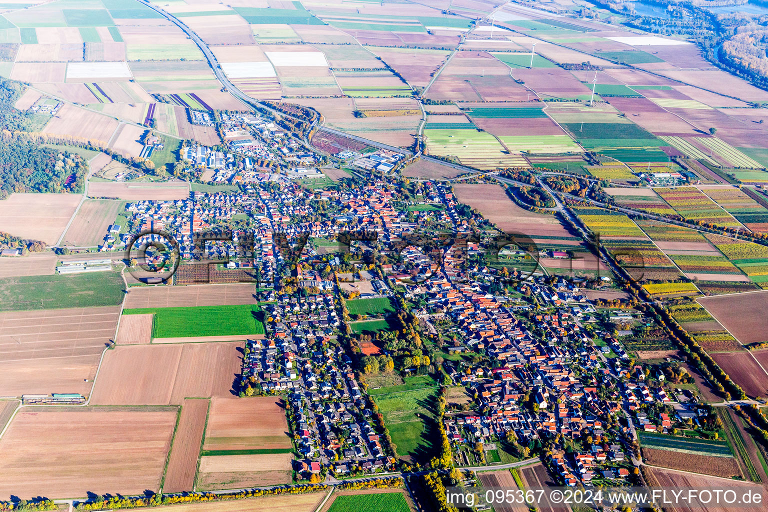 Aerial view of Town View of the streets and houses of the residential areas in Schwegenheim in the state Rhineland-Palatinate, Germany