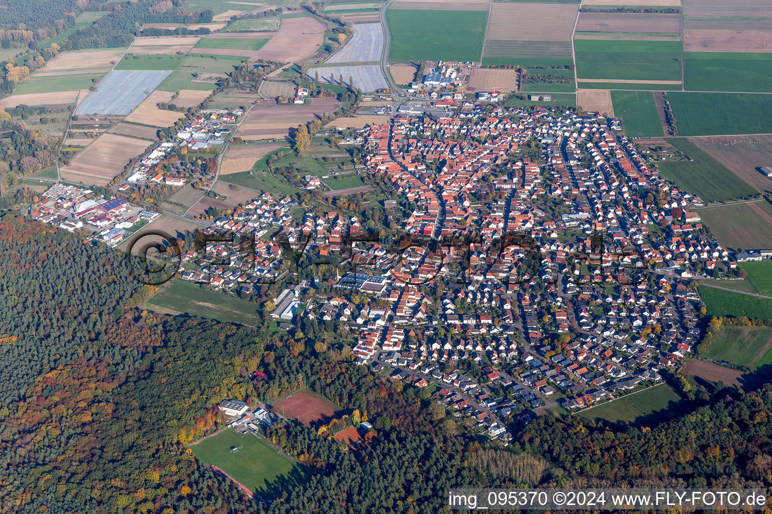 Aerial view of Town View of the streets and houses of the residential areas in Harthausen in the state Rhineland-Palatinate, Germany