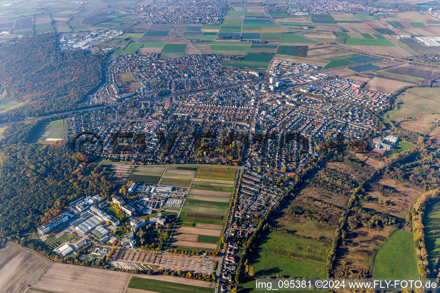 BASF Agricultural Center before Town View of the streets and houses of the residential areas in Limburgerhof in the state Rhineland-Palatinate, Germany