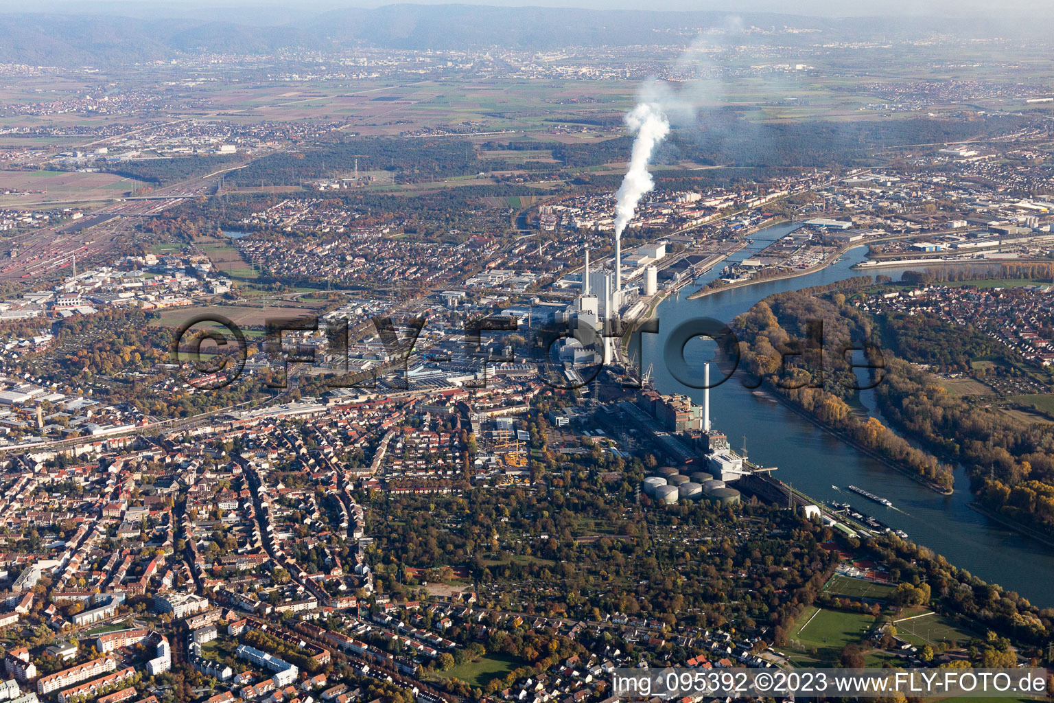 Aerial photograpy of District Neckarau in Mannheim in the state Baden-Wuerttemberg, Germany