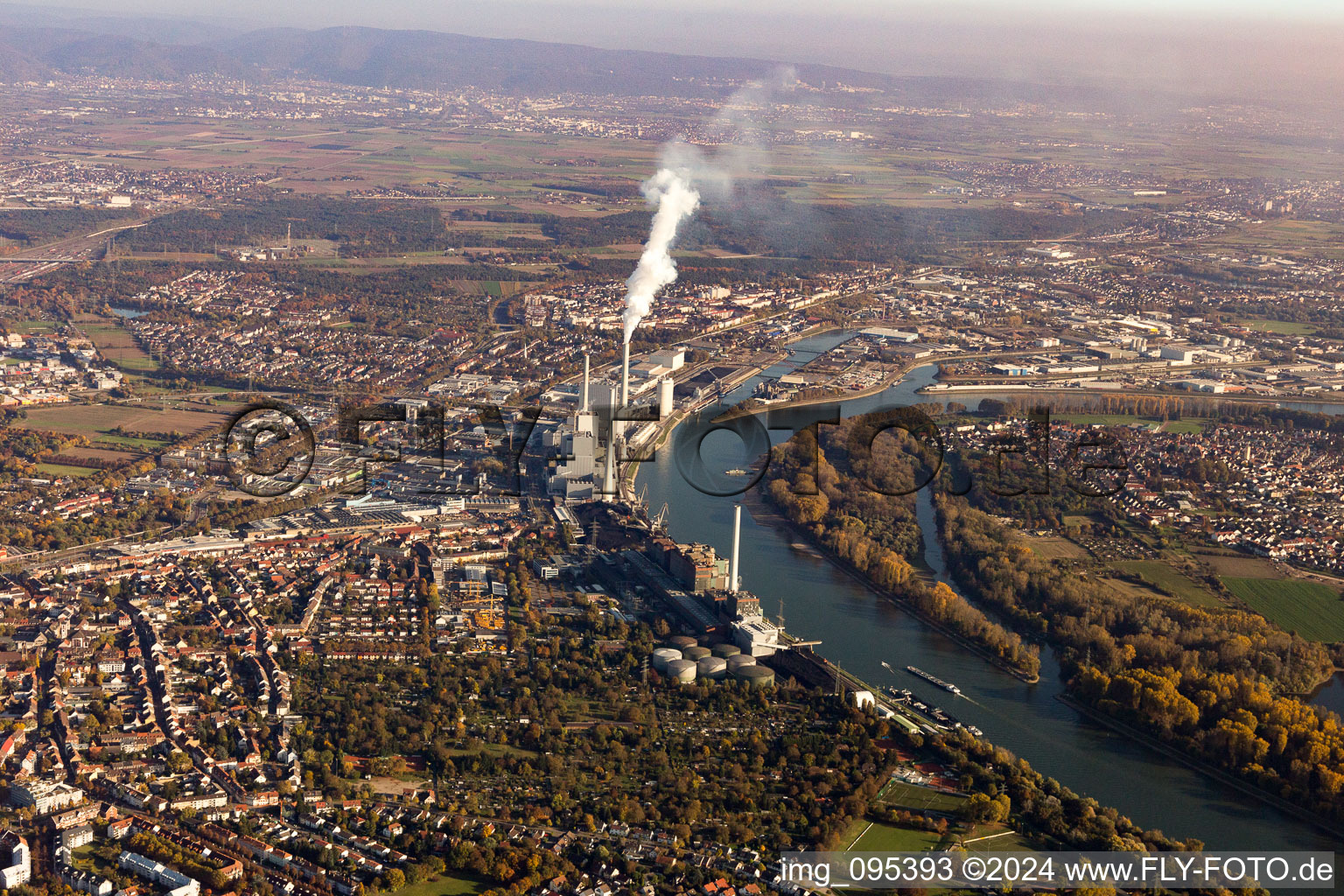 Oblique view of District Neckarau in Mannheim in the state Baden-Wuerttemberg, Germany