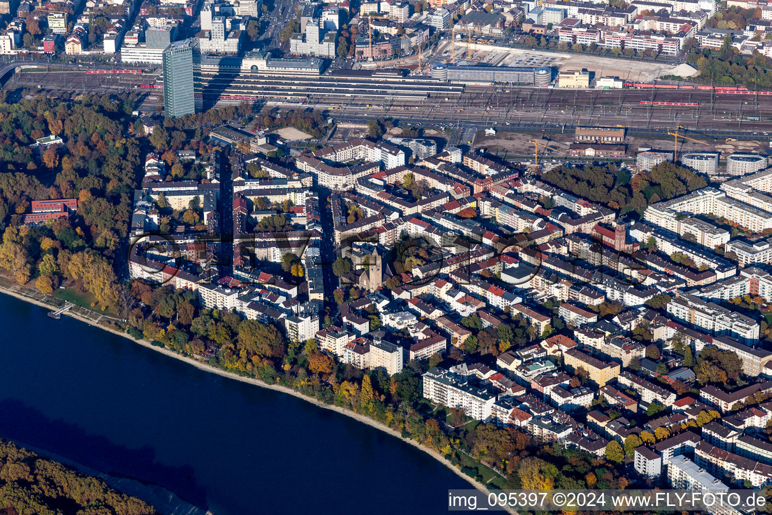 Town on the banks of the river of the Rhine river in the district Lindenhof in Mannheim in the state Baden-Wurttemberg, Germany