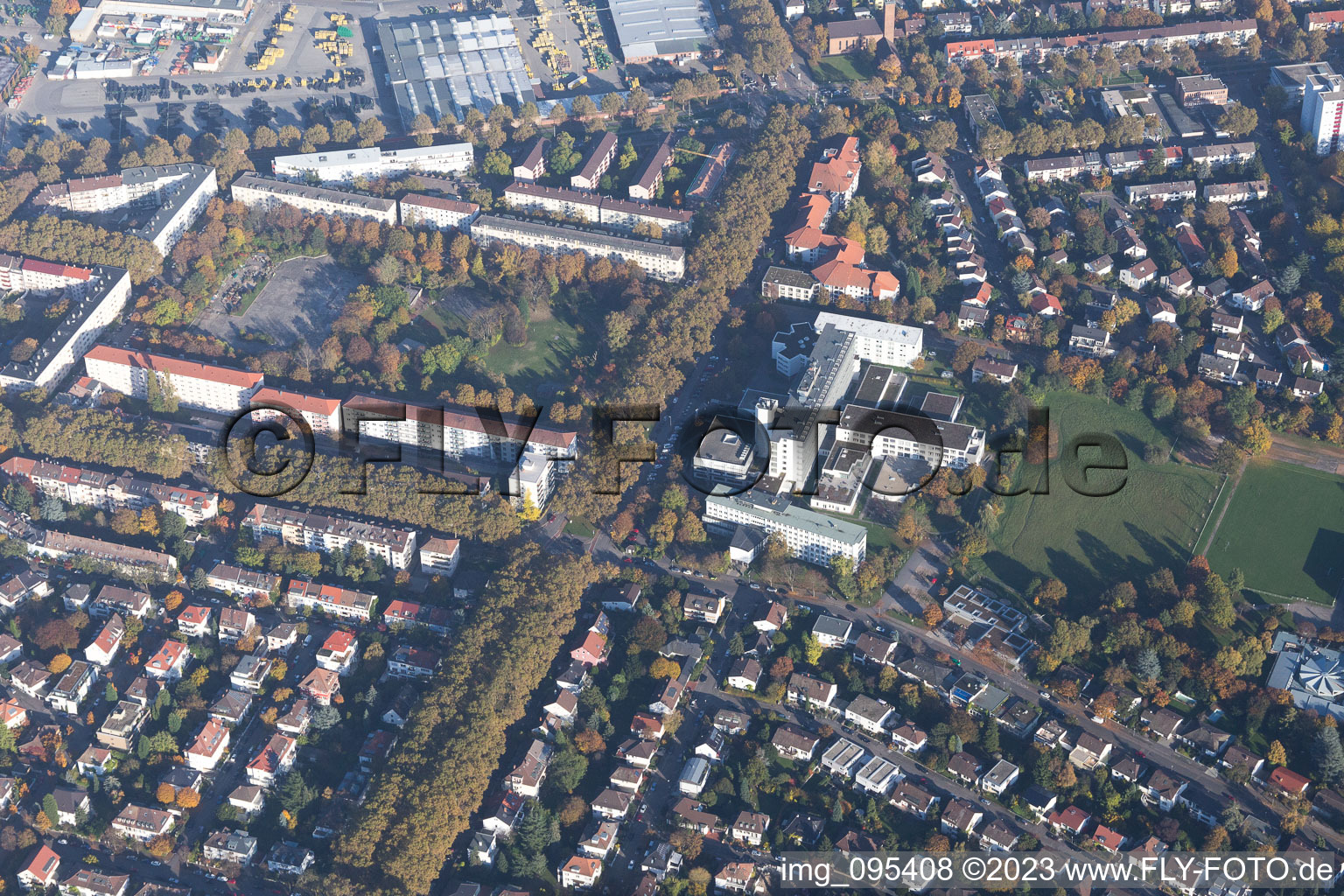 Aerial view of Pfalzplatz, Deaconess KH in the district Lindenhof in Mannheim in the state Baden-Wuerttemberg, Germany