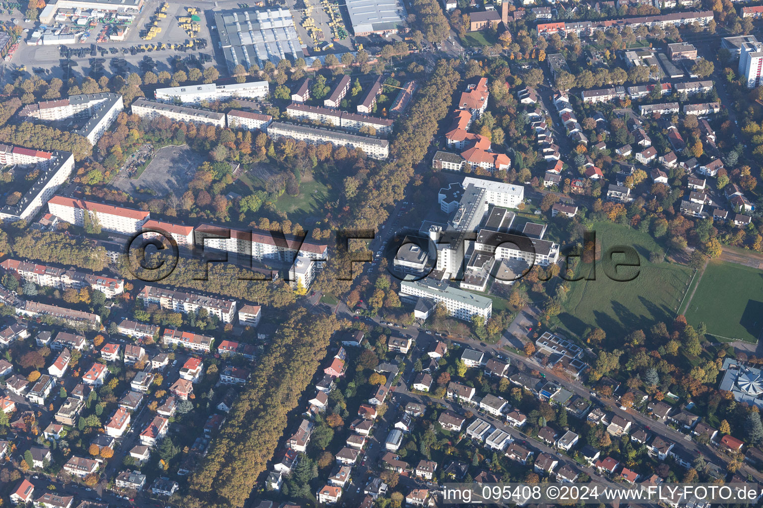 Aerial view of Pfalzplatz, Deaconess Hospital in the district Lindenhof in Mannheim in the state Baden-Wuerttemberg, Germany