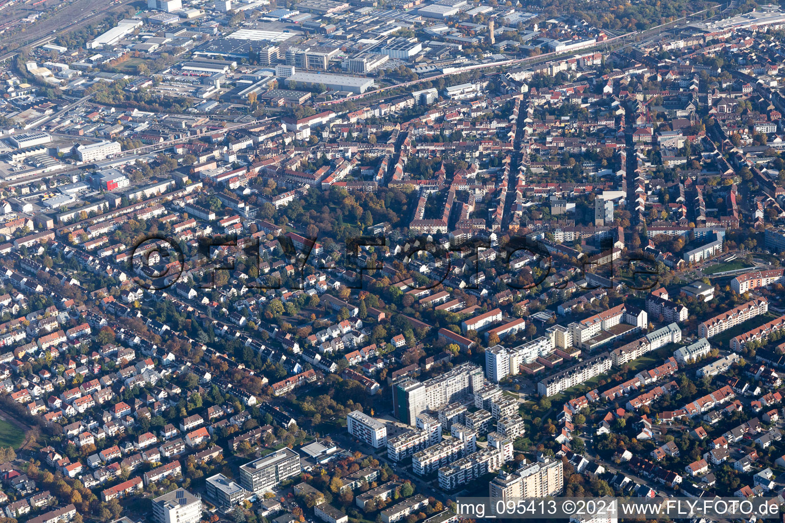 Aerial view of District Almenhof in Mannheim in the state Baden-Wuerttemberg, Germany