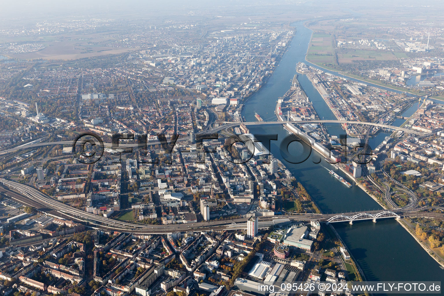 Aerial view of District Mitte in Ludwigshafen am Rhein in the state Rhineland-Palatinate, Germany