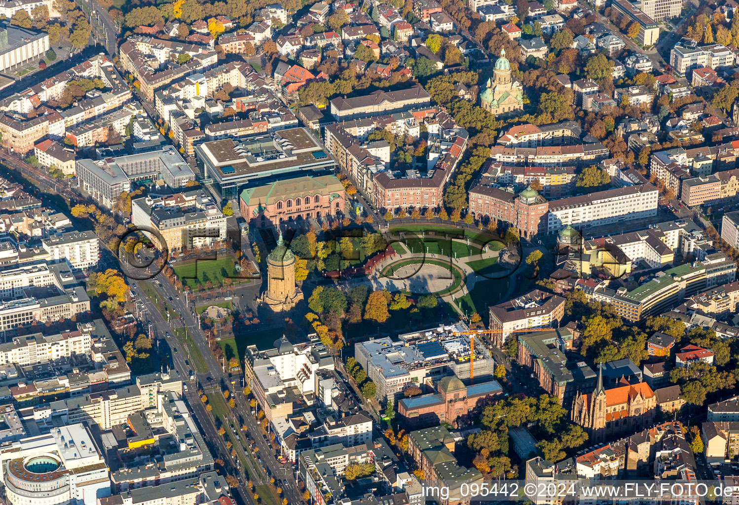 Wasserturm, Artgallery, Roengarden and Christ-church around Friedrichs-place in the inner city center in Mannheim in the state Baden-Wurttemberg, Germany