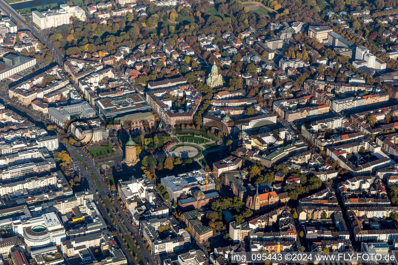 Aerial view of Water Tower Augustaanlage in the district Oststadt in Mannheim in the state Baden-Wuerttemberg, Germany