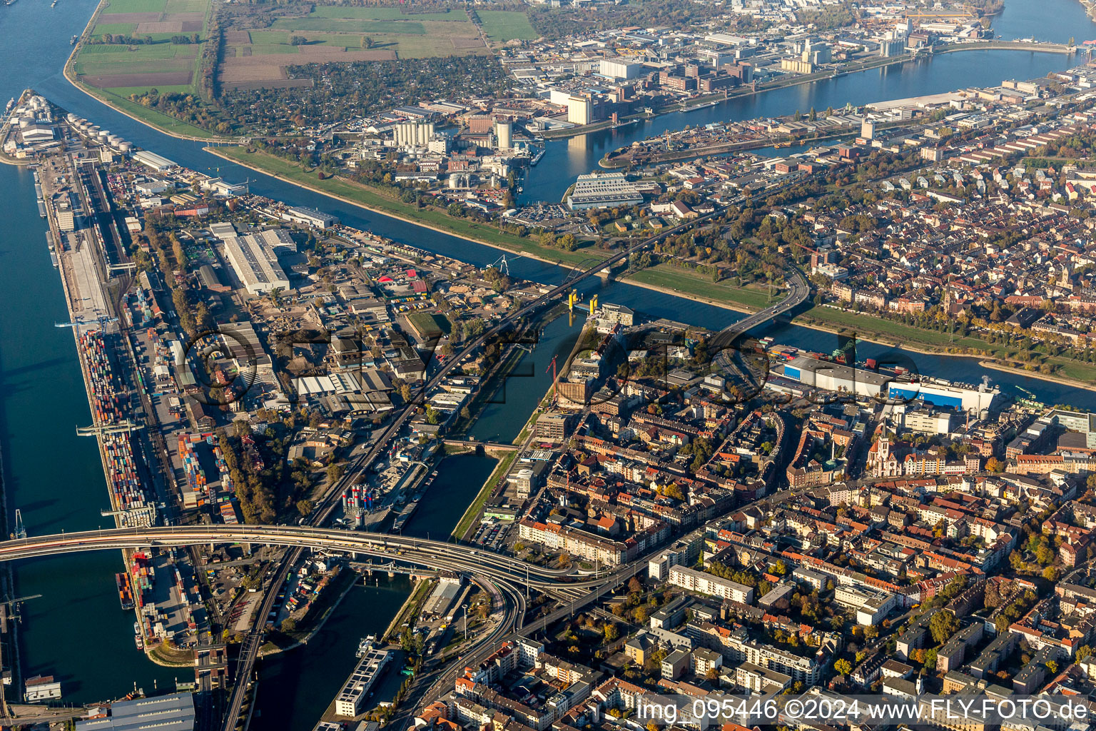 Quays and boat moorings at the port of the inland port of the Rhine river in the district Muehlauhafen in Mannheim in the state Baden-Wurttemberg, Germany