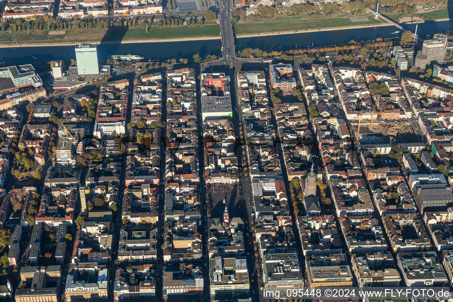 City center in the downtown area on the banks of river course of the river Neckar in the district Quadrate in Mannheim in the state Baden-Wurttemberg, Germany