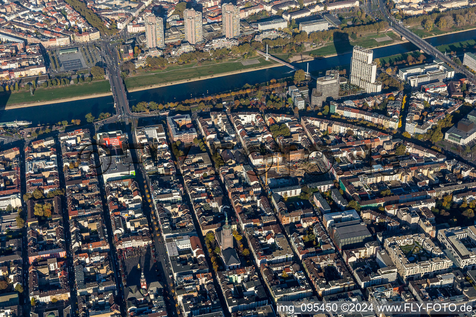 Aerial view of City center in the downtown area on the banks of river course of the river Neckar in the district Quadrate in Mannheim in the state Baden-Wurttemberg, Germany