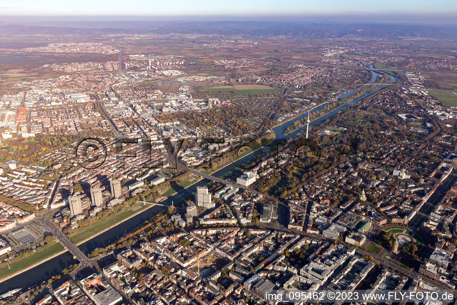 Aerial view of Neckar bridges in the district Oststadt in Mannheim in the state Baden-Wuerttemberg, Germany