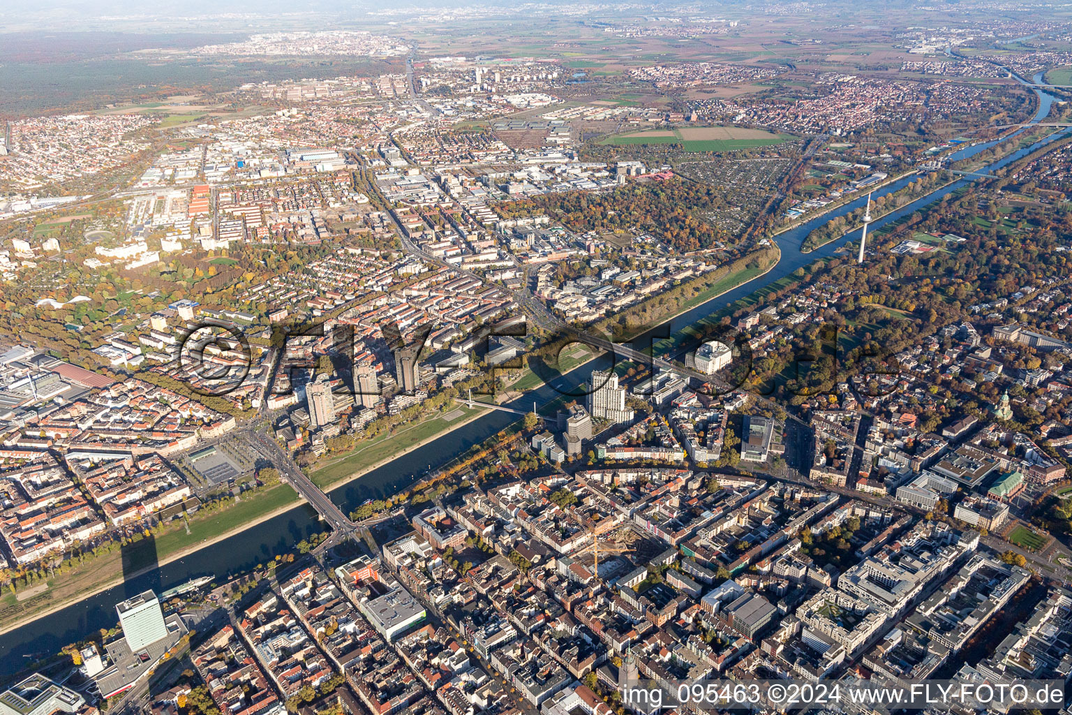 Aerial photograpy of Neckar bridges in the district Oststadt in Mannheim in the state Baden-Wuerttemberg, Germany