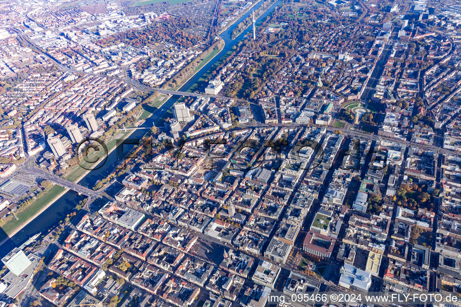 Oblique view of Square city in the horseshoe of the ring in the district Innenstadt in Mannheim in the state Baden-Wuerttemberg, Germany