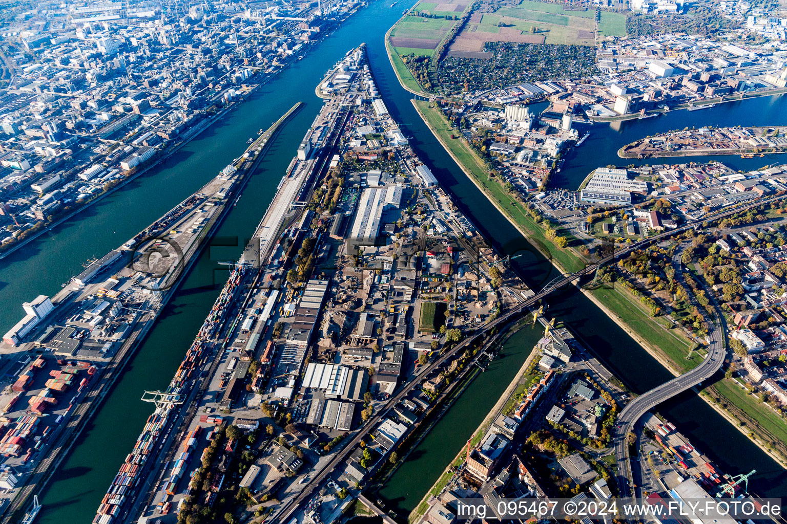 Aerial view of Quays and boat moorings at the port of the inland port of the Rhine river in the district Muehlauhafen in Mannheim in the state Baden-Wurttemberg, Germany