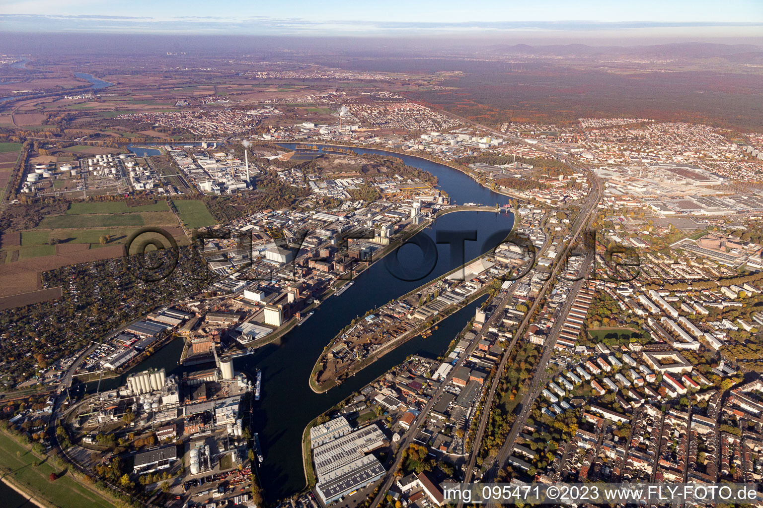 Aerial photograpy of Friesenheim Island industrial port in the district Neckarstadt-West in Mannheim in the state Baden-Wuerttemberg, Germany