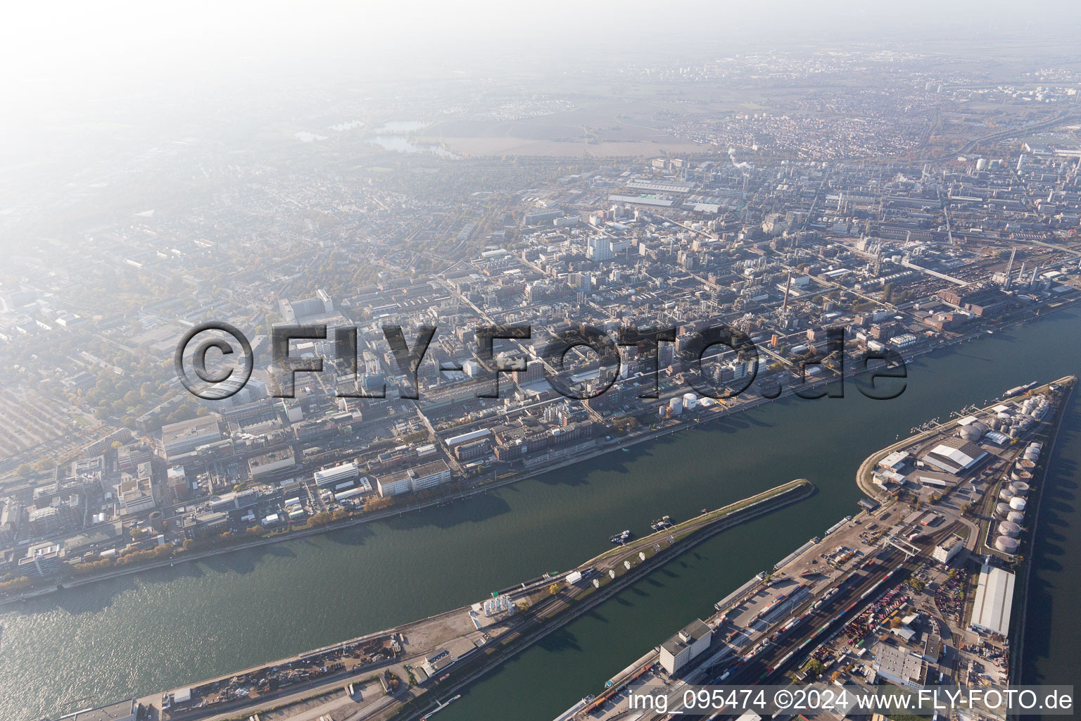 Bird's eye view of District BASF in Ludwigshafen am Rhein in the state Rhineland-Palatinate, Germany