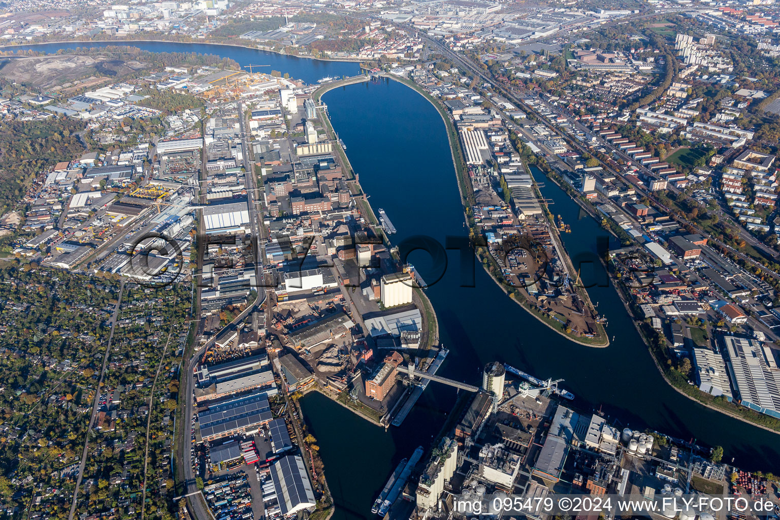 Quays and boat moorings at the port of the inland port of Altrheins on Friesenheim island in the district Industriehafen in Mannheim in the state Baden-Wurttemberg, Germany