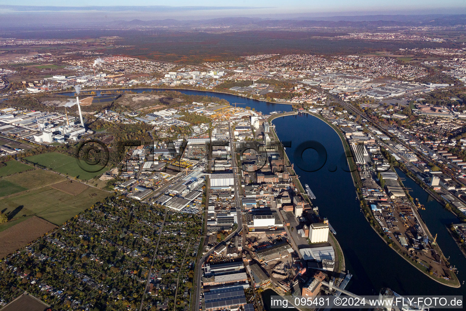 Oblique view of Bonadieshafen Friesenheimer Island in the district Neckarstadt-West in Mannheim in the state Baden-Wuerttemberg, Germany