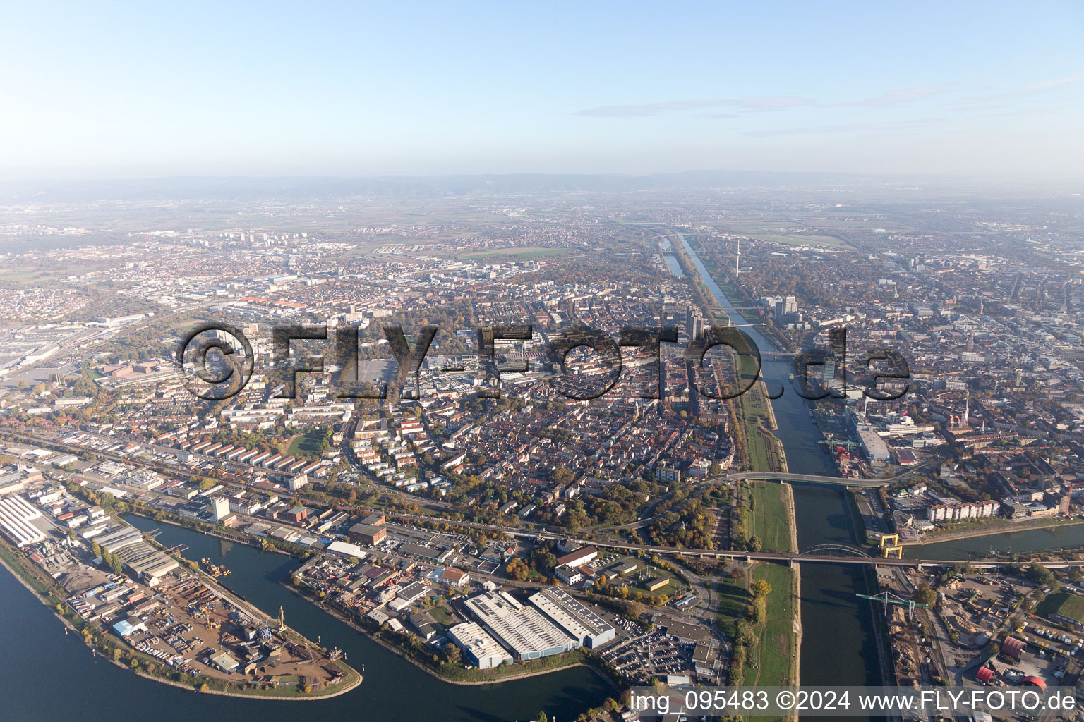 Aerial view of District Neckarstadt-Ost in Mannheim in the state Baden-Wuerttemberg, Germany