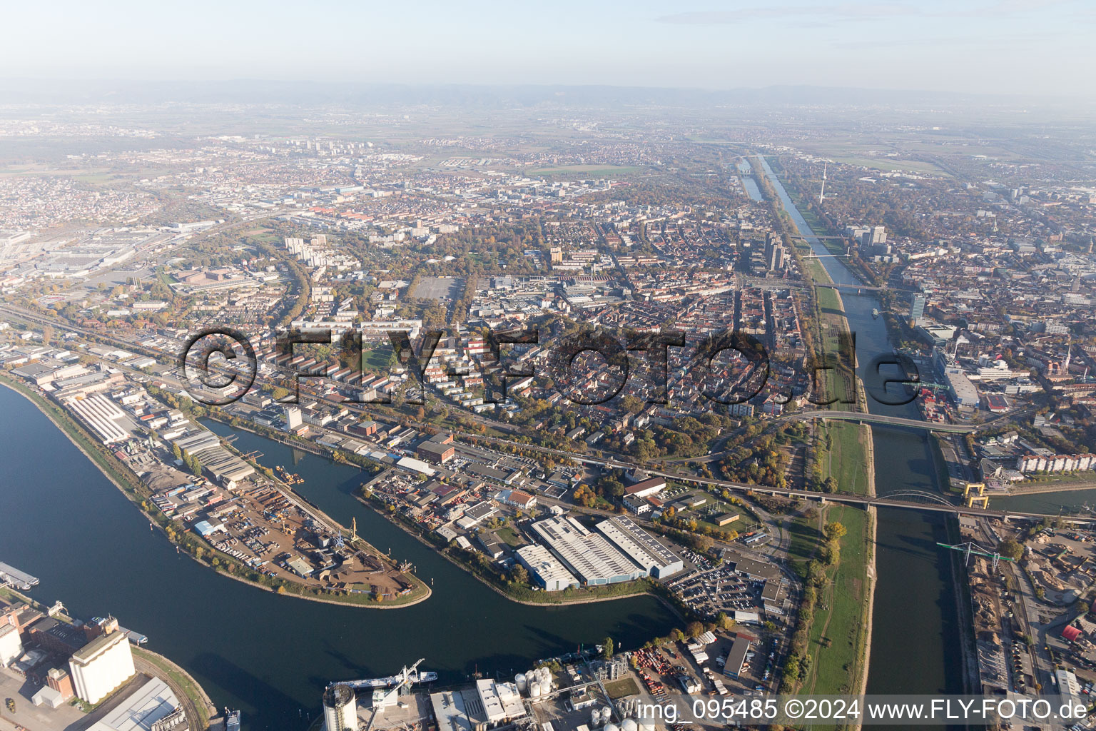 Aerial view of District Neckarstadt-West in Mannheim in the state Baden-Wuerttemberg, Germany