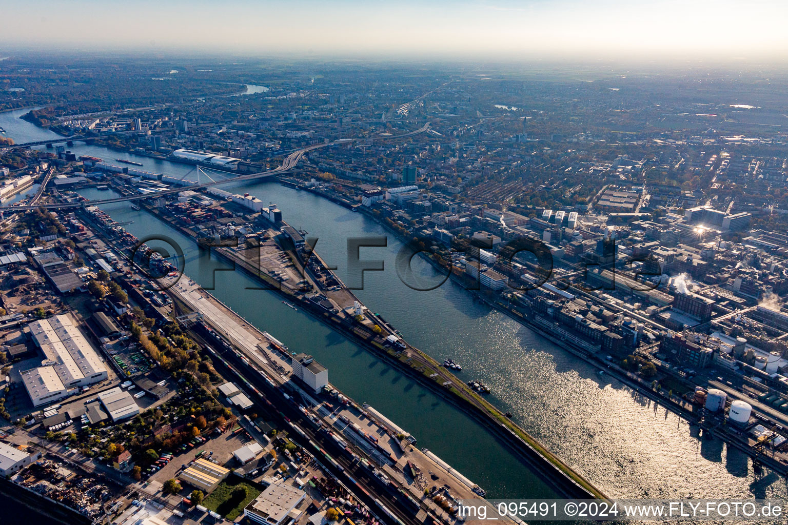 Aerial view of Mannheim harbor in the district Innenstadt in Mannheim in the state Baden-Wuerttemberg, Germany