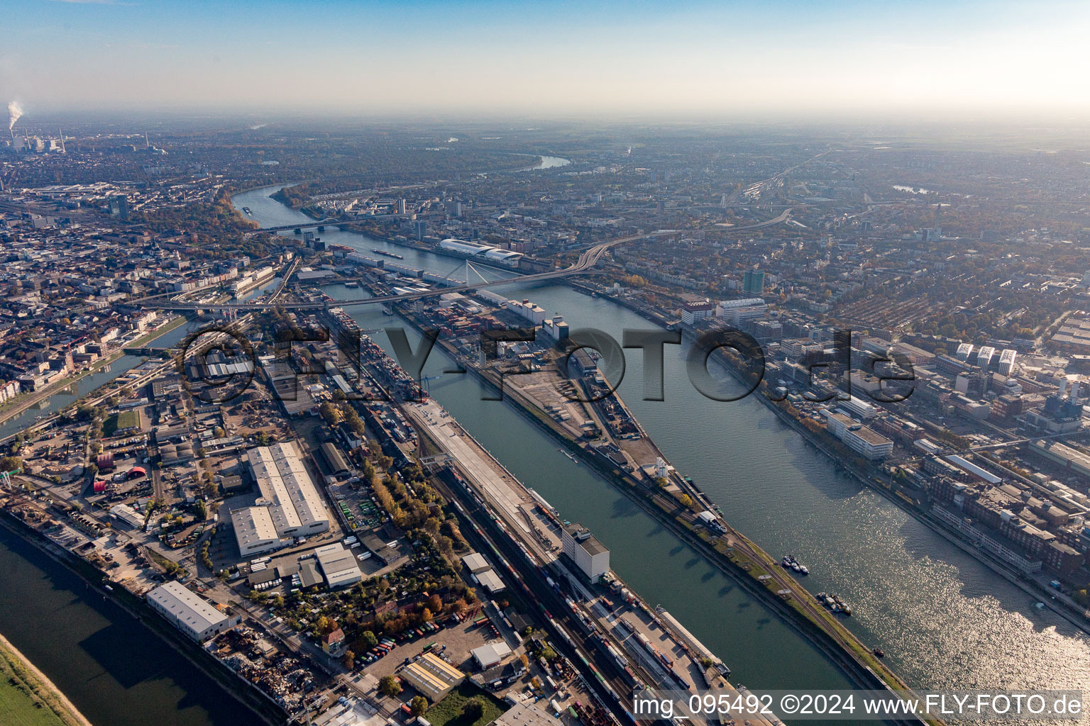 Aerial photograpy of Mannheim harbor in the district Innenstadt in Mannheim in the state Baden-Wuerttemberg, Germany