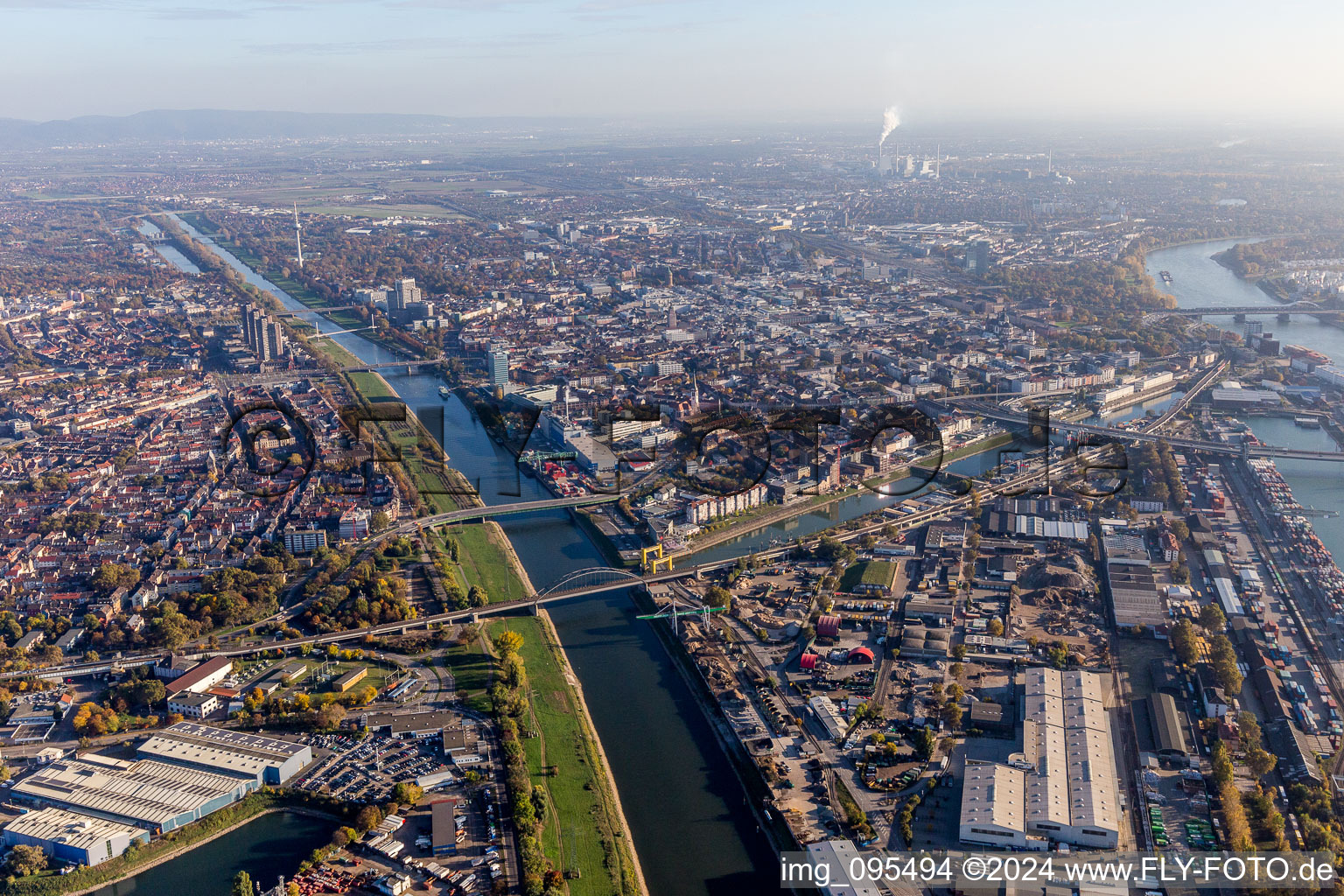 Port Muehlauhafen facilities on the banks between the river courses of the Neckar and Rhine in the district Jungbusch in Mannheim in the state Baden-Wurttemberg, Germany