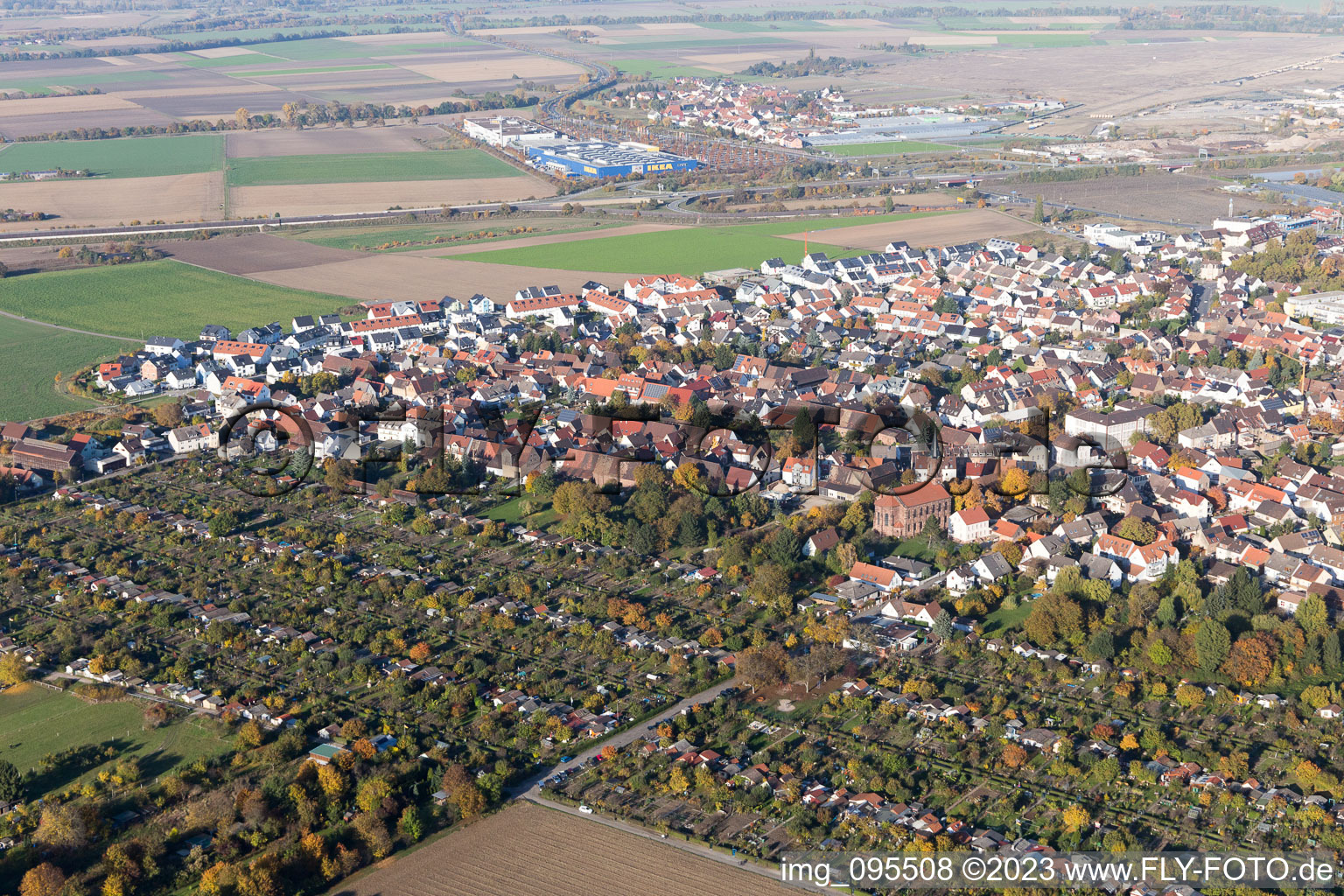 District Sandhofen in Mannheim in the state Baden-Wuerttemberg, Germany from above