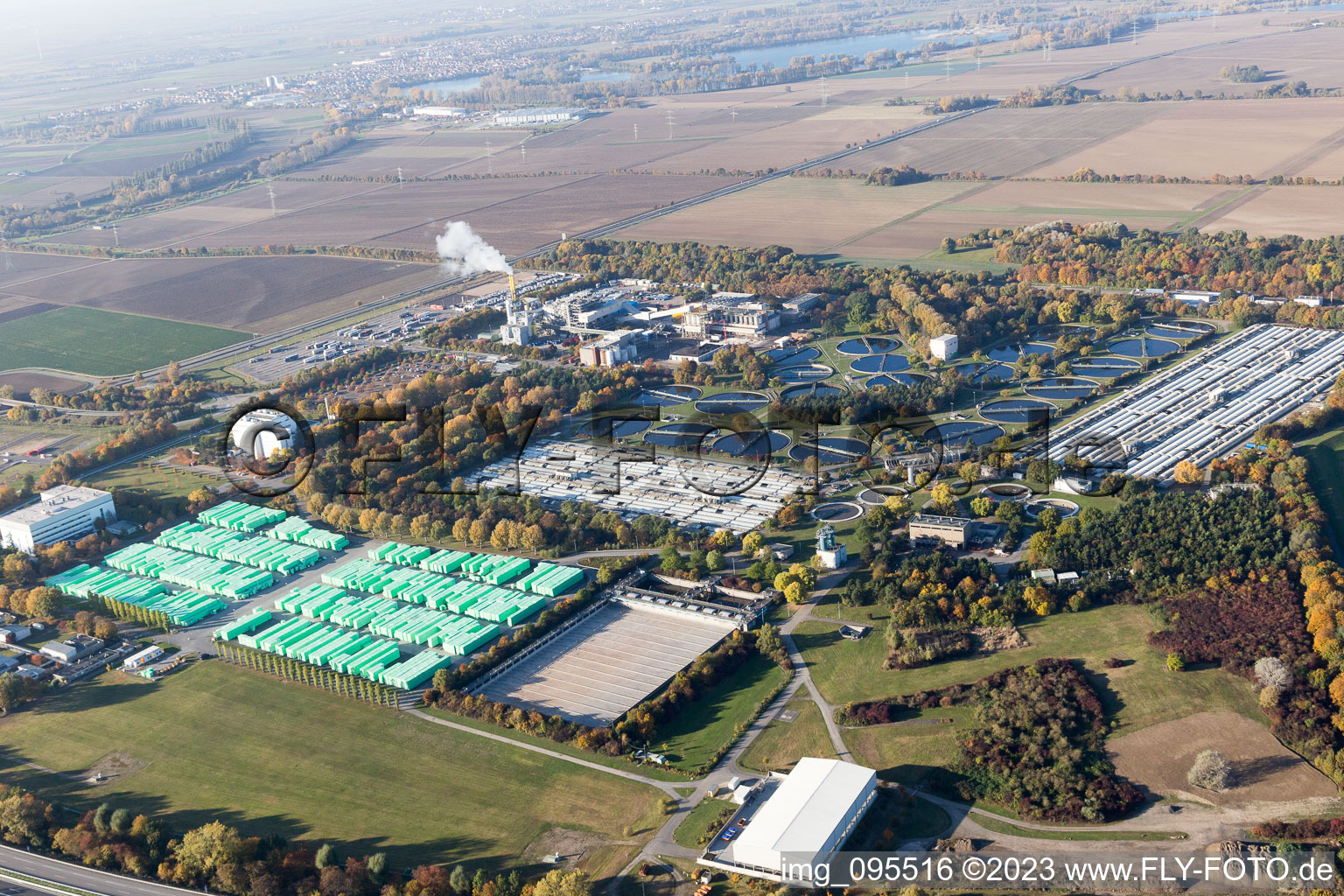 Drone image of BASF sewage treatment plant in the district Mörsch in Frankenthal in the state Rhineland-Palatinate, Germany