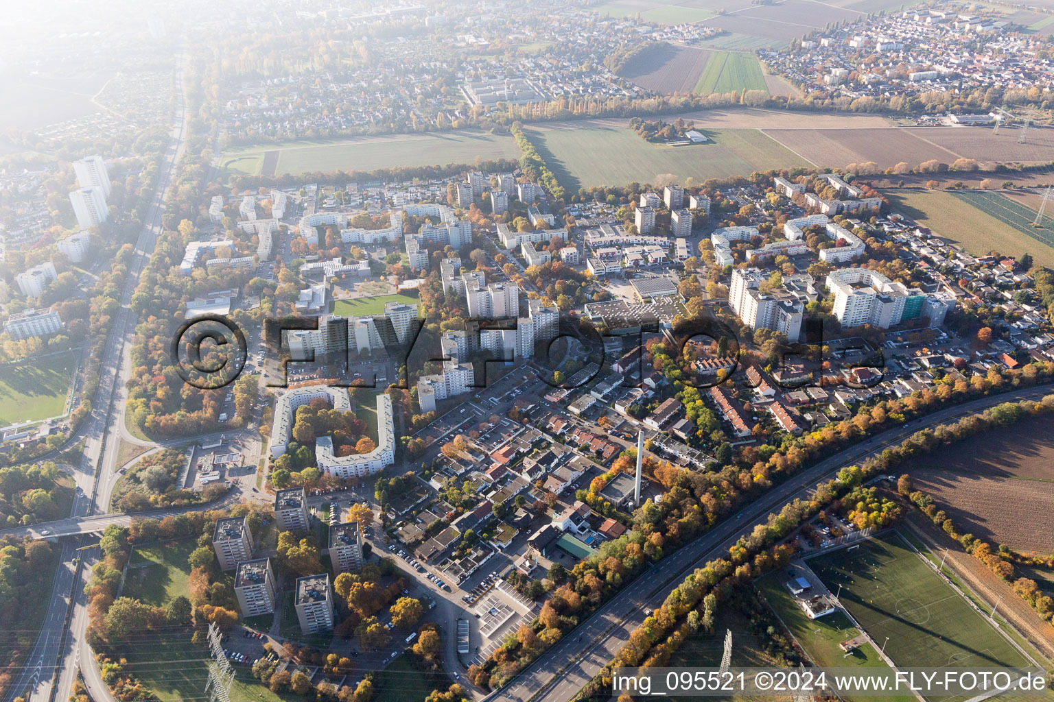 Aerial view of High-rise ensemble on the London Ring in the district Pfingstweide in Ludwigshafen am Rhein in the state Rhineland-Palatinate, Germany