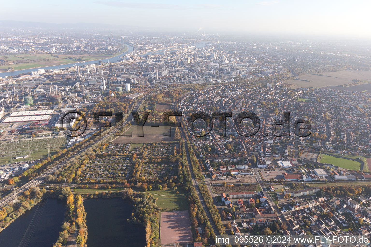 Bird's eye view of District Oppau in Ludwigshafen am Rhein in the state Rhineland-Palatinate, Germany