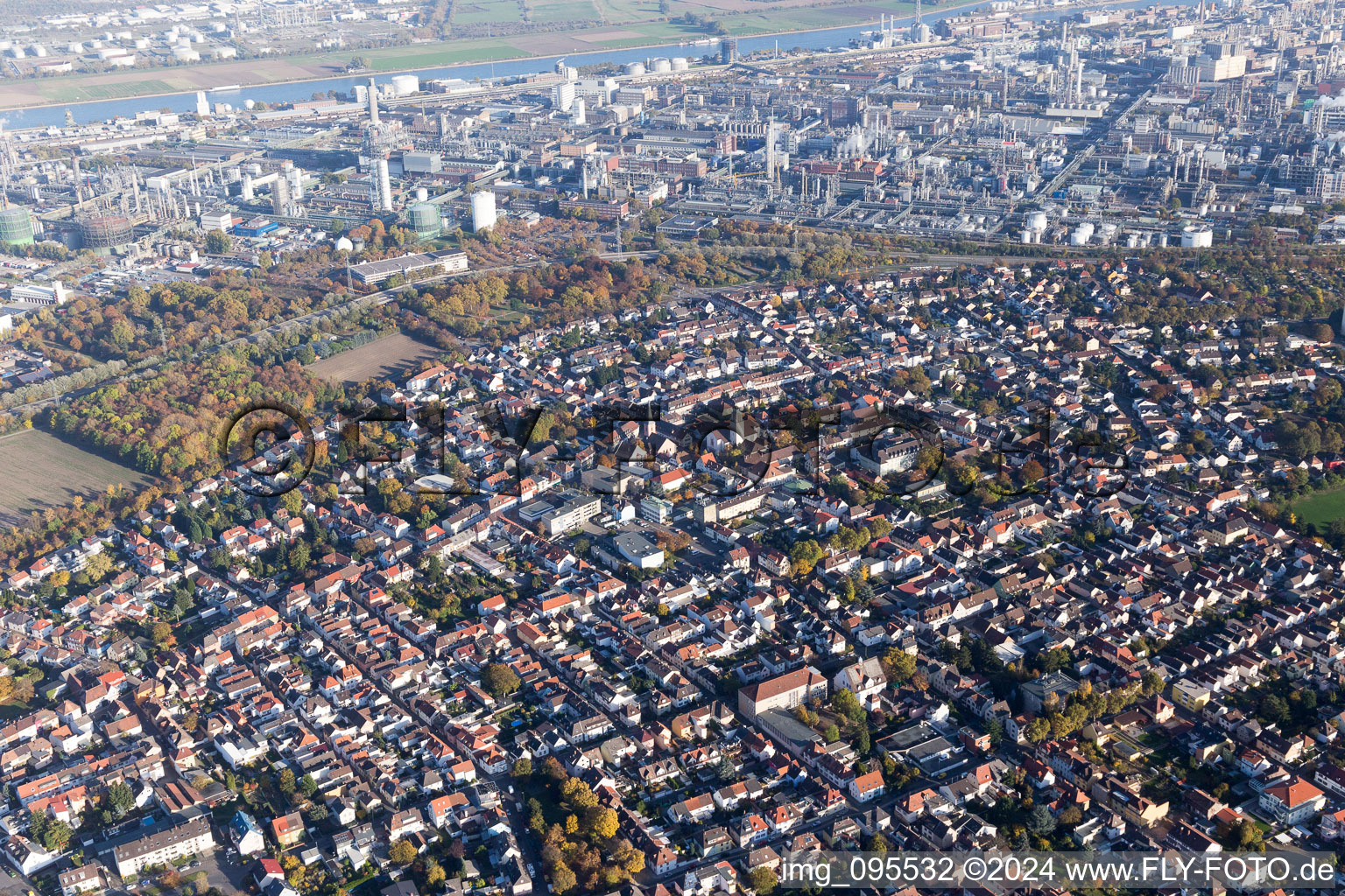 District Oppau in Ludwigshafen am Rhein in the state Rhineland-Palatinate, Germany seen from a drone