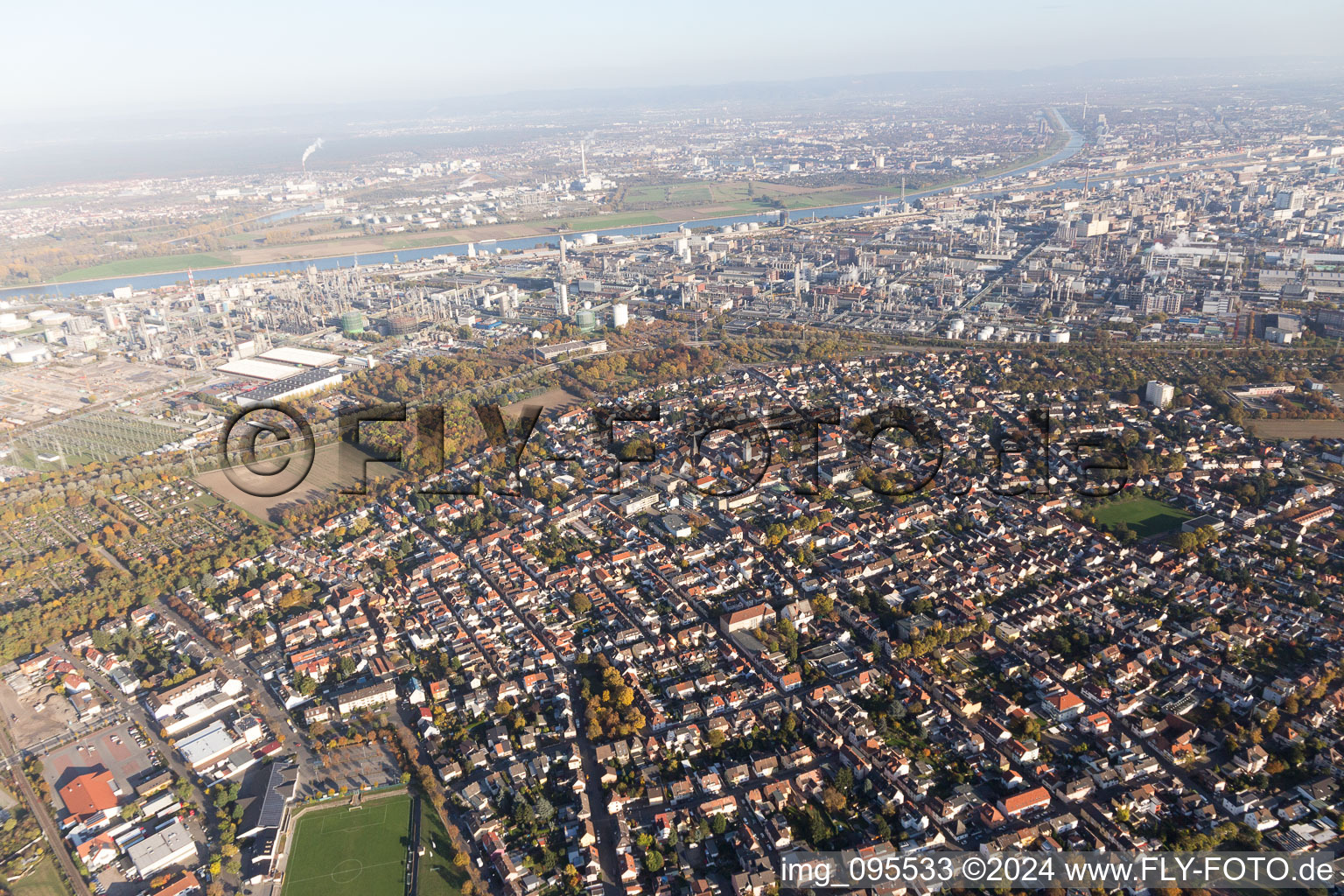 Aerial view of District Oppau in Ludwigshafen am Rhein in the state Rhineland-Palatinate, Germany