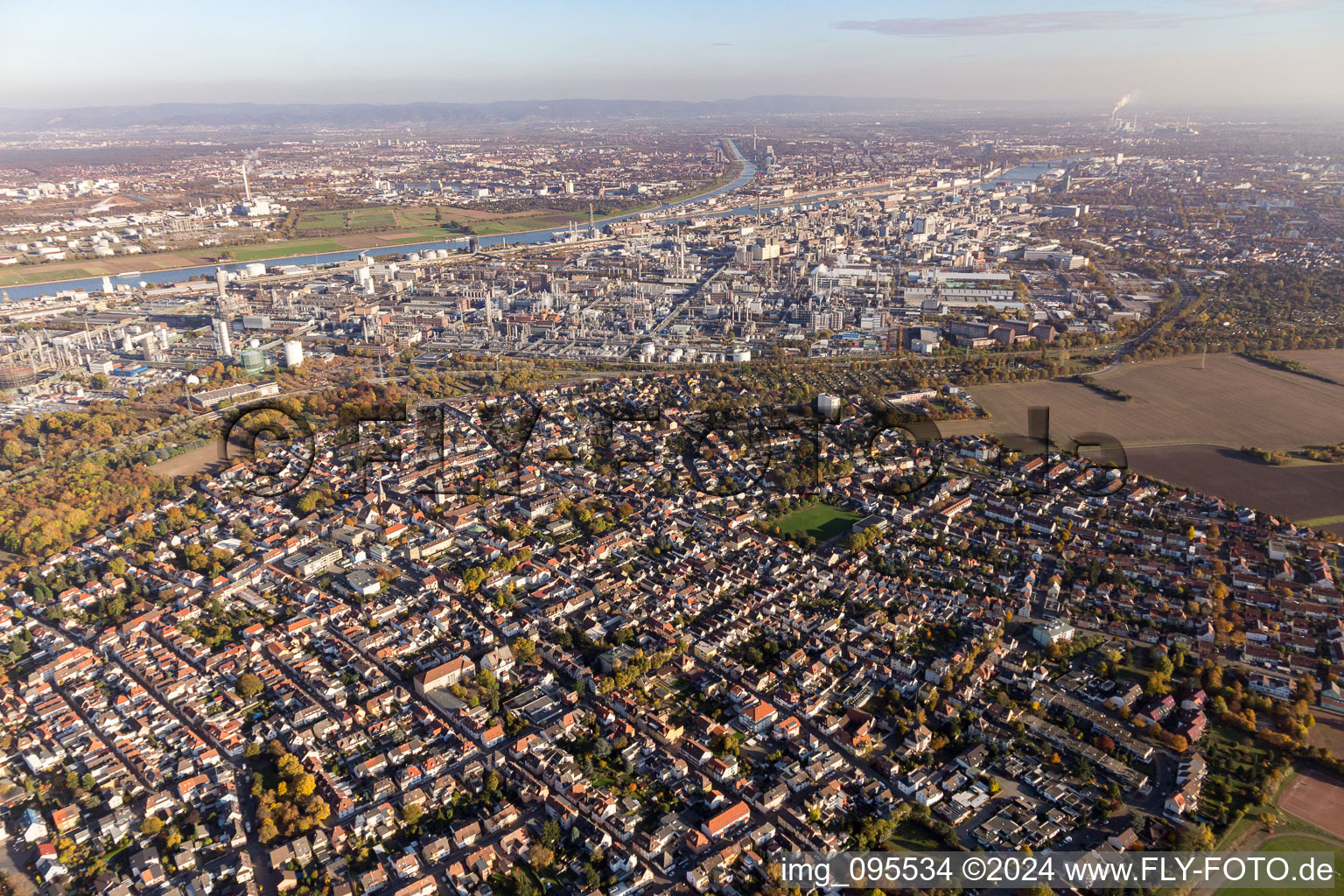 Aerial photograpy of District Oppau in Ludwigshafen am Rhein in the state Rhineland-Palatinate, Germany