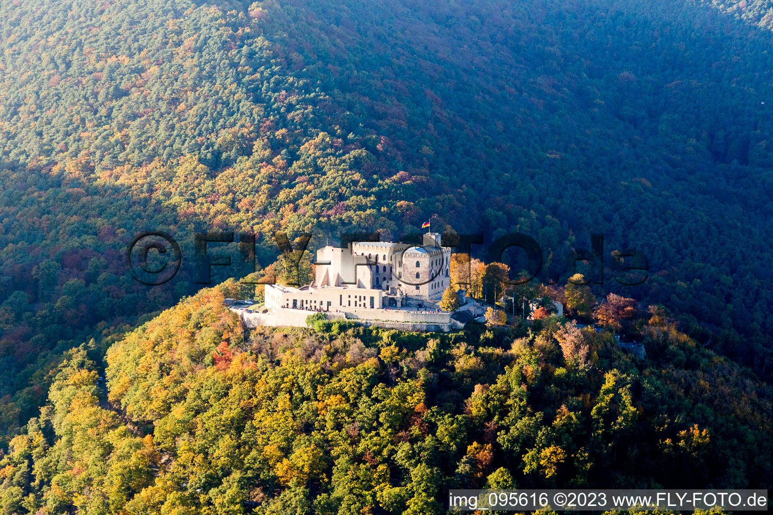 Hambach Castle in the district Diedesfeld in Neustadt an der Weinstraße in the state Rhineland-Palatinate, Germany from the drone perspective