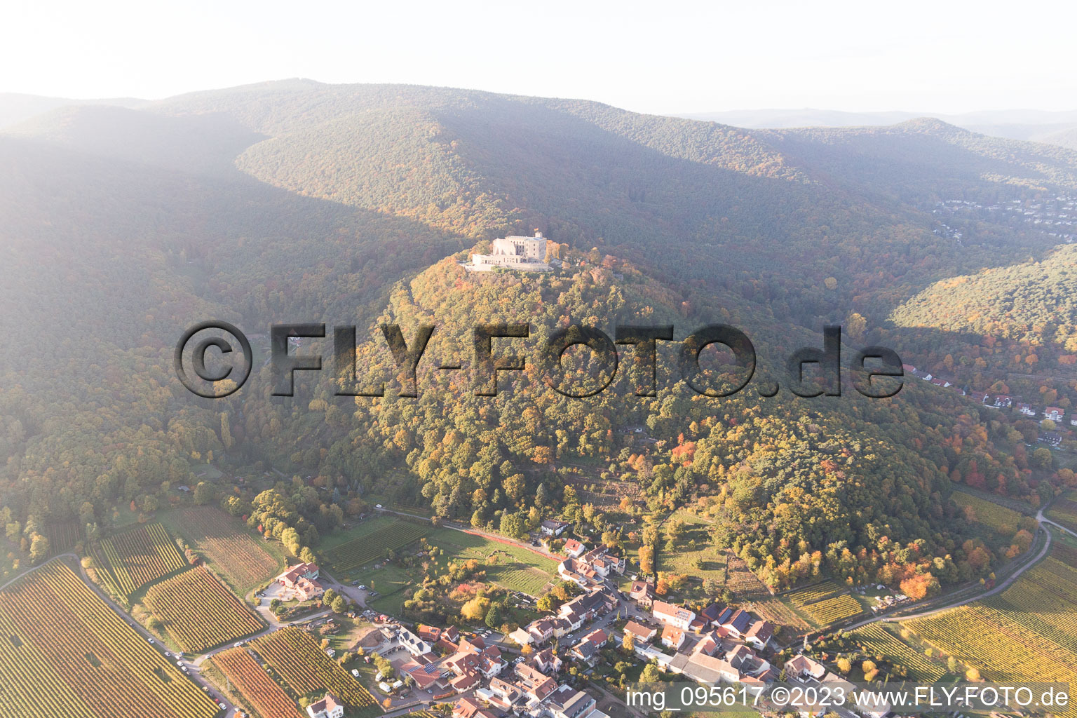 Hambach Castle in the district Diedesfeld in Neustadt an der Weinstraße in the state Rhineland-Palatinate, Germany from a drone