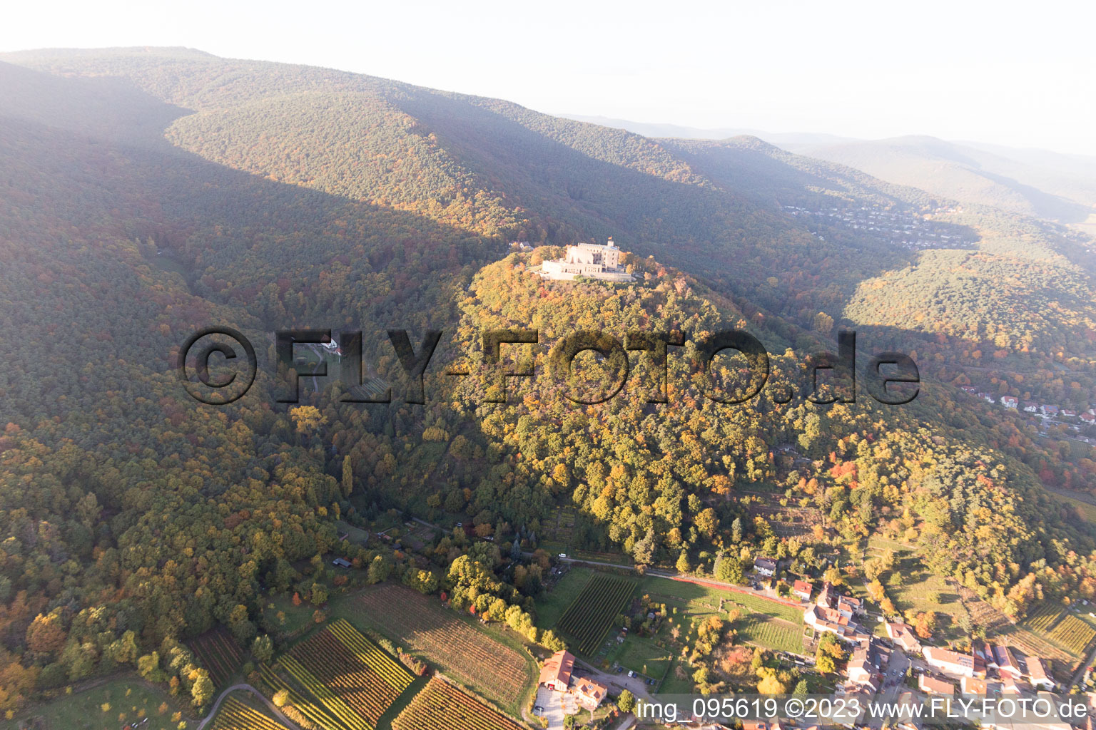 Hambach Castle in the district Diedesfeld in Neustadt an der Weinstraße in the state Rhineland-Palatinate, Germany seen from a drone