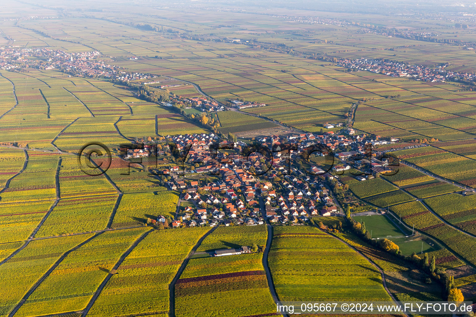 Aerial view of Village - view on the edge of wine yards in sutumn colours in Hainfeld in the state Rhineland-Palatinate, Germany