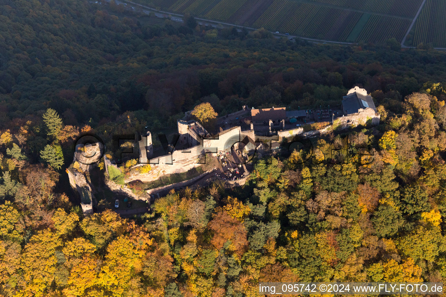 Drone recording of Madenburg in Eschbach in the state Rhineland-Palatinate, Germany