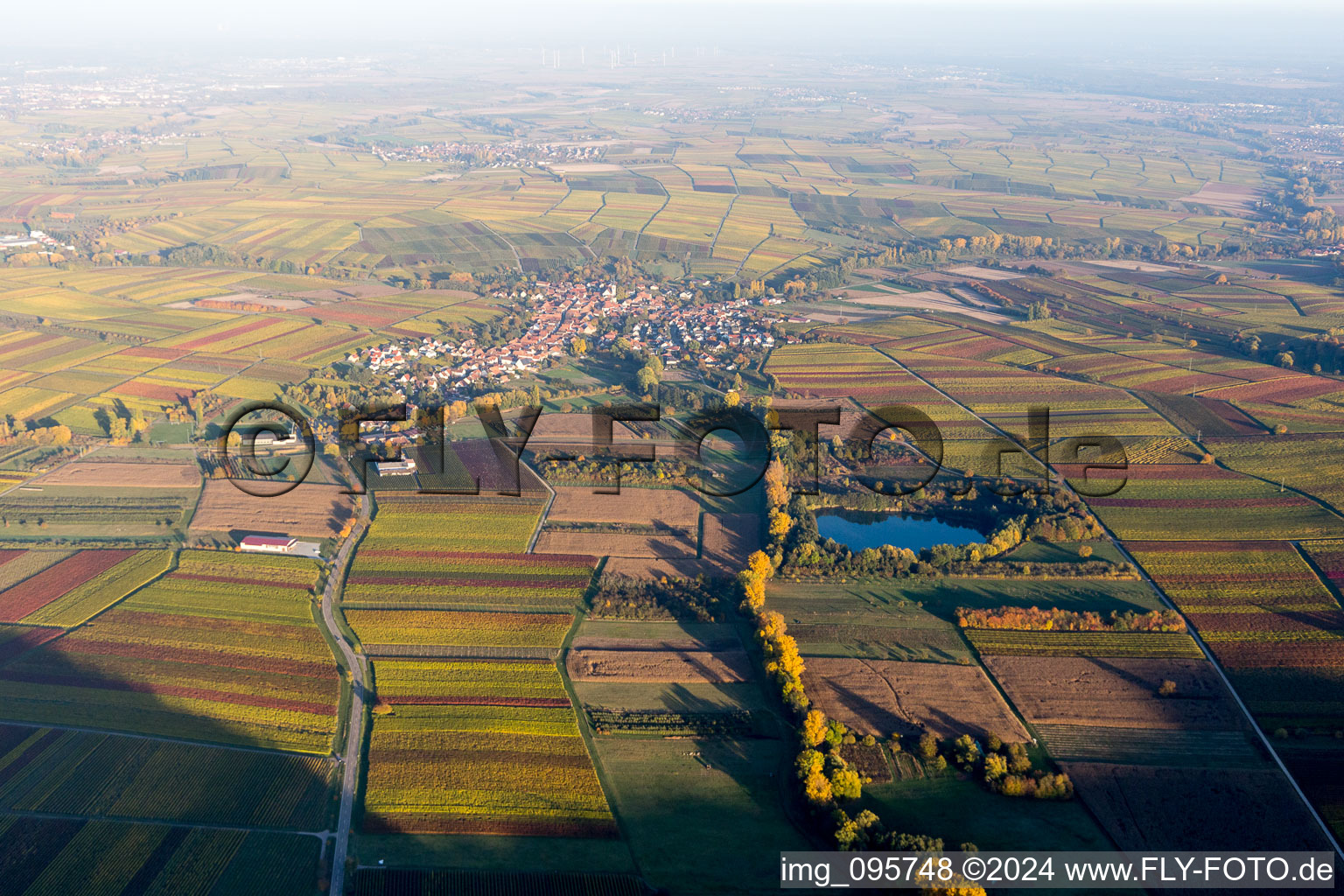 Village - view on the edge of agricultural fields and farmland in Goecklingen in fall and evening colours in the state Rhineland-Palatinate, Germany