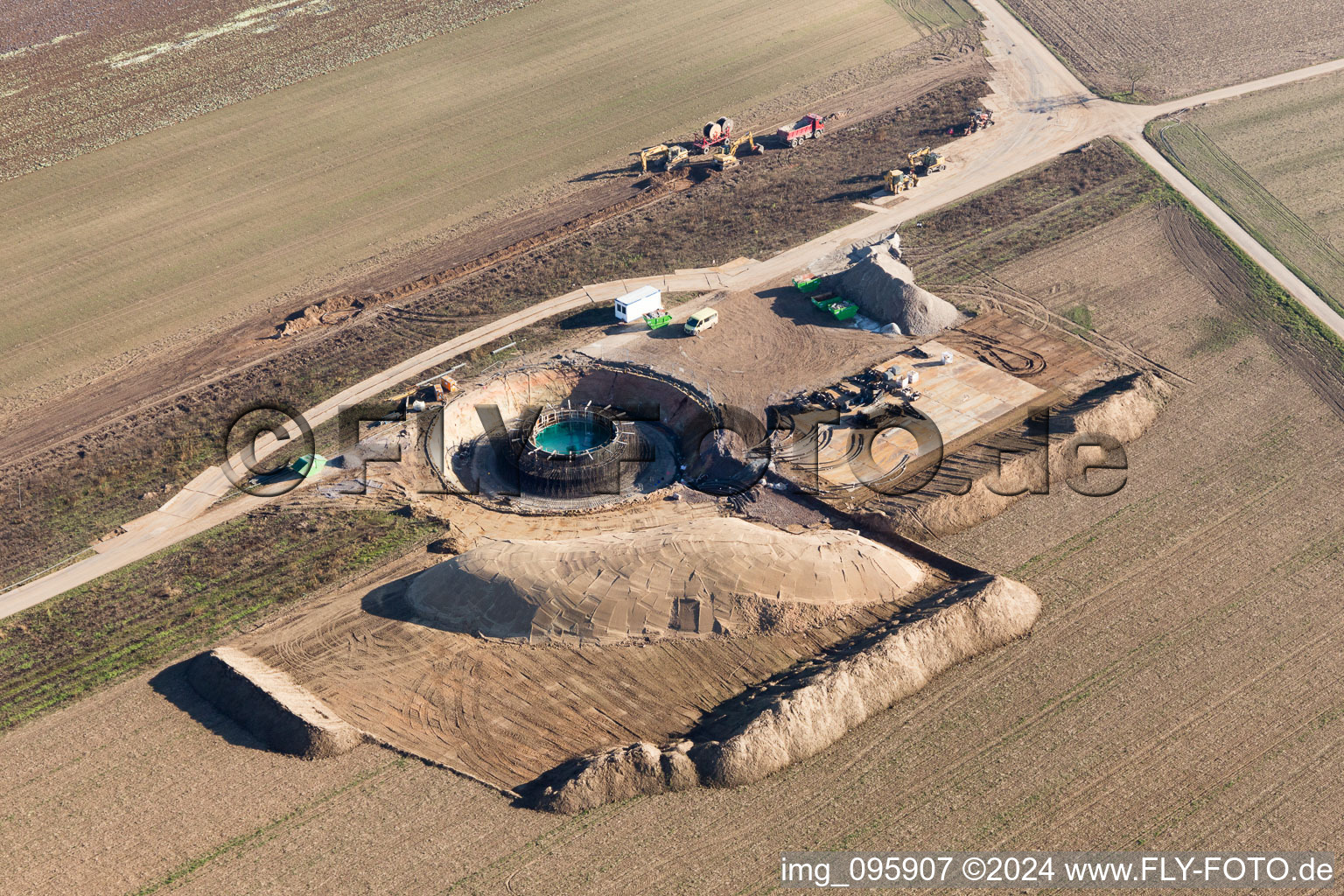 Aerial view of Construction site for wind turbine installation in Hatzenbuehl in the state Rhineland-Palatinate, Germany