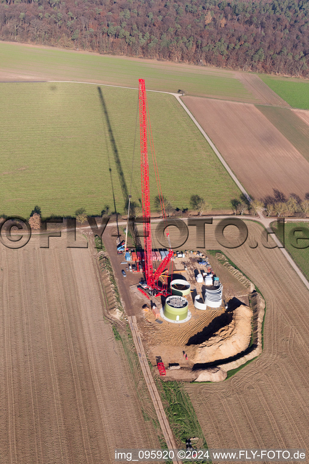 Oblique view of Construction site for wind turbine installation in Hatzenbuehl in the state Rhineland-Palatinate, Germany