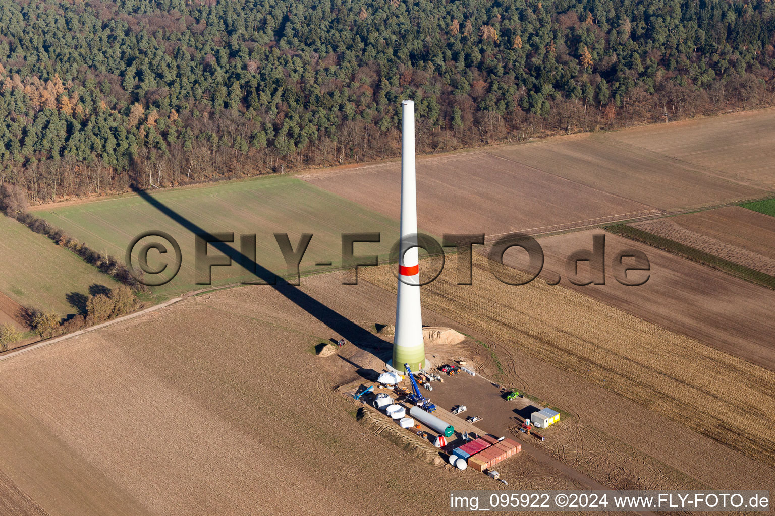 Construction site for wind turbine installation in Hatzenbuehl in the state Rhineland-Palatinate, Germany from above