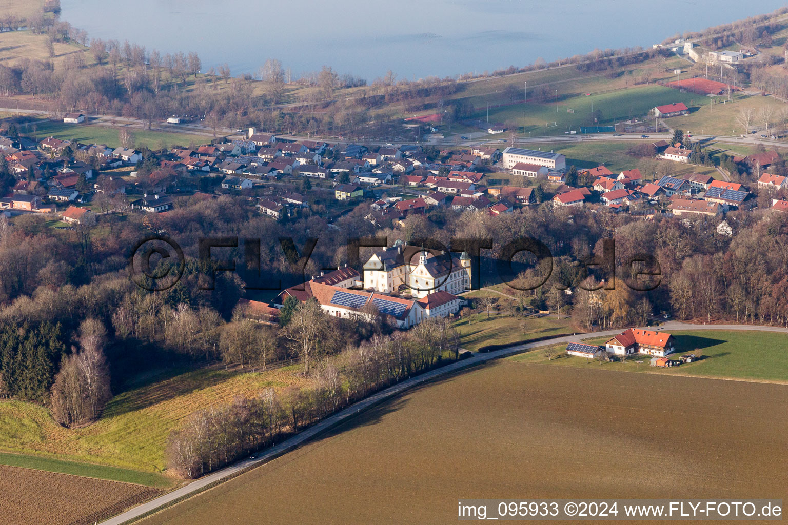 Village on the lake bank areas of Rottauensee in Postmuenster in the state Bavaria, Germany