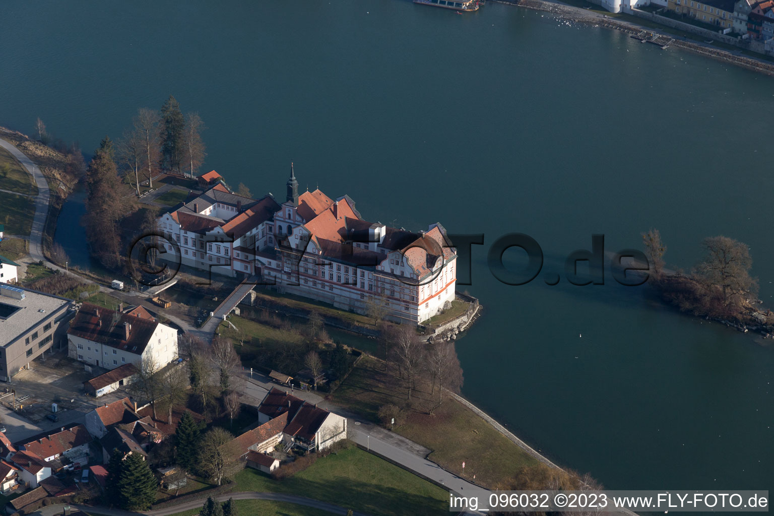 Aerial view of Neuhaus am Inn in the state Bavaria, Germany