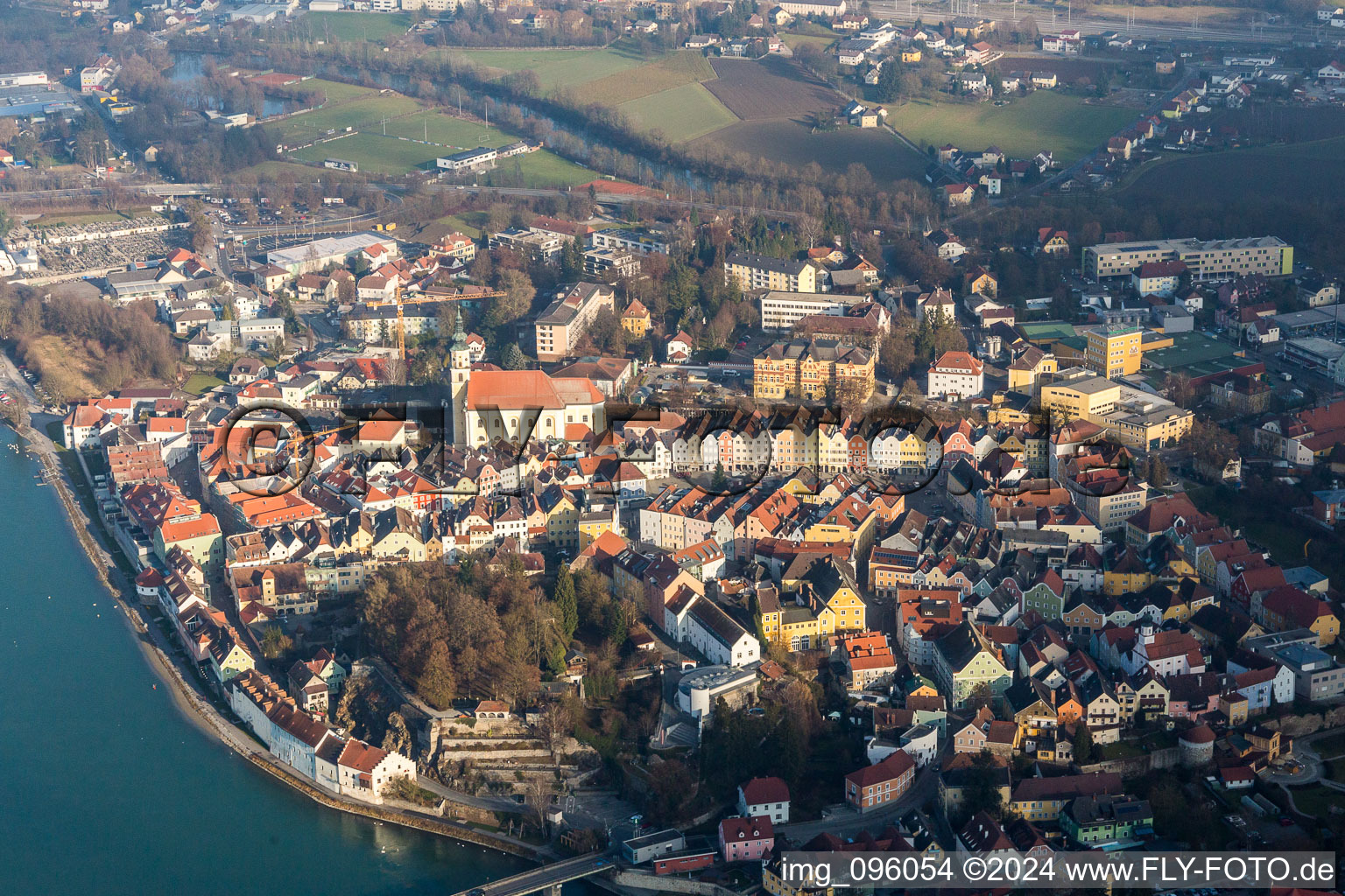 Aerial view of Village on the banks of the Inn - river course in Schaerding in Oberoesterreich, Austria
