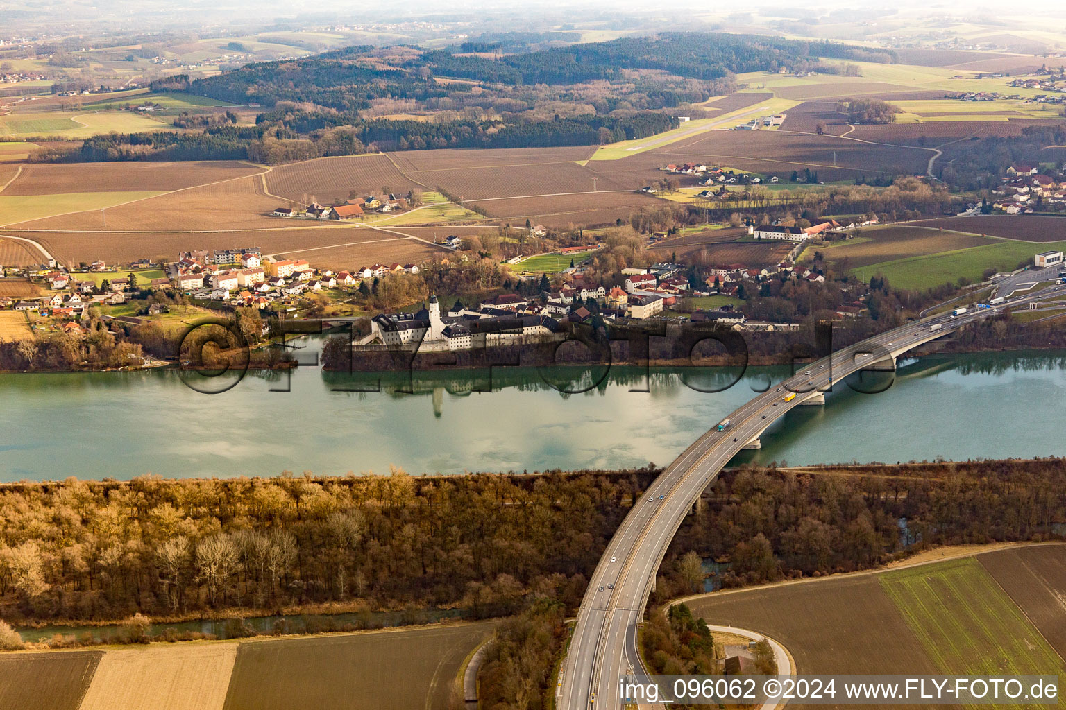 Aerial view of Innautobahn Bridge Penitentiary in Suben in the state Upper Austria, Austria