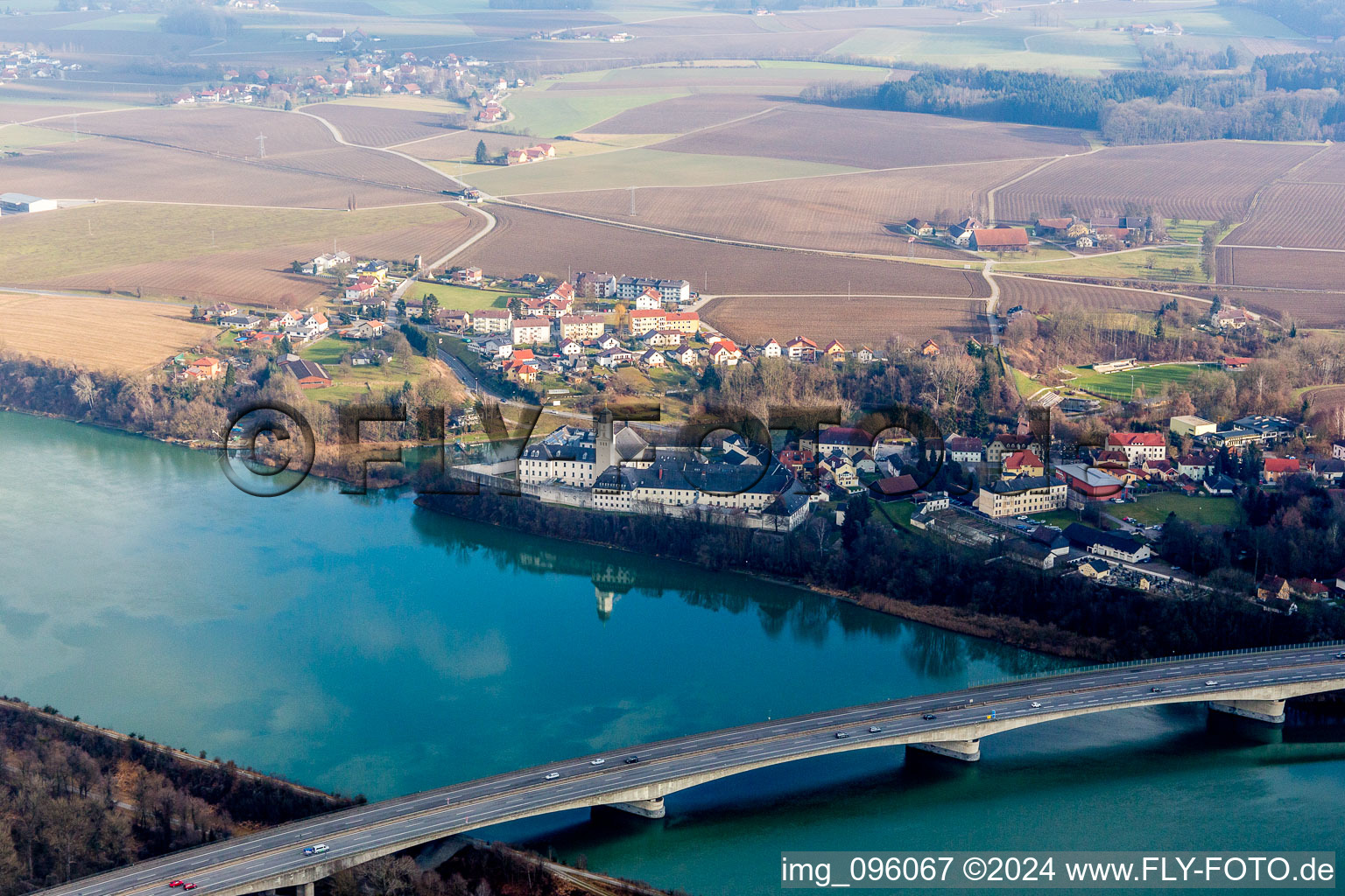 Aerial view of Prison grounds of Prison at the Inn river in Suben in Oberoesterreich, Austria