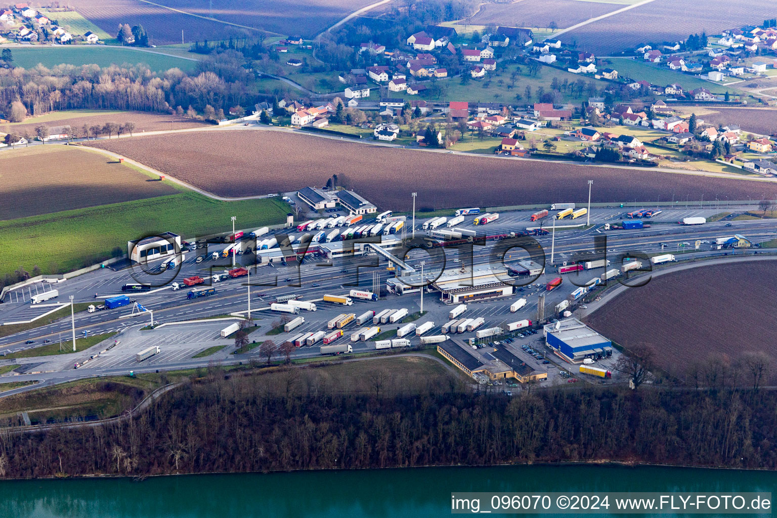 Aerial view of Highway customs station and immigration checkpoint of the A 8 in Suben in Oberoesterreich, Austria